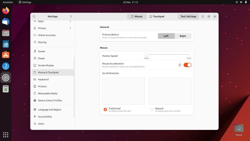 capture d'écran du panneau des paramètres de la souris et du pavé tactile dans ubuntu 23.04