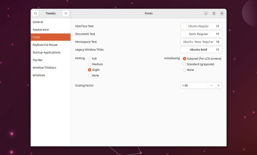 Screenshot of GNOME Tweaks on Ubuntu 23.04
