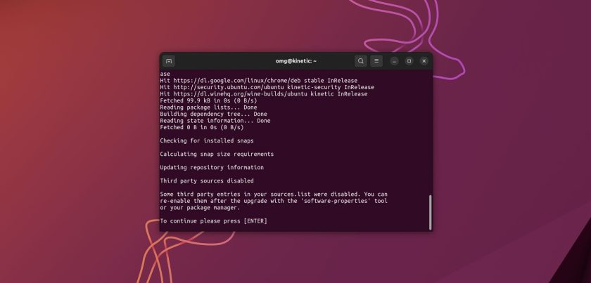 Screenshot of an Ubuntu upgrade from the command line.