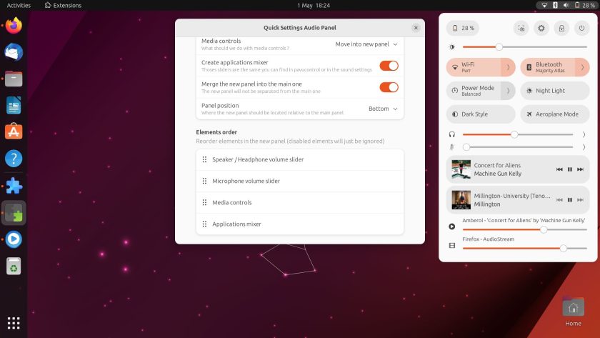 a second screenshot of the Quick Settings Audio Panel GNOME extension enabled on Ubuntu 23.04