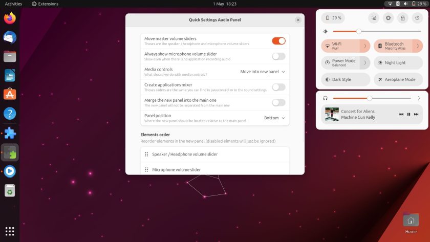 screenshot of the Quick Settings Audio Panel GNOME extension enabled on Ubuntu 23.04