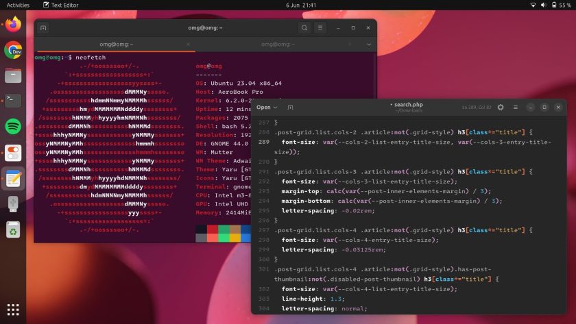 Screenshot showing Intel One Mono being used on Ubuntu in the terminal app and the default text editor