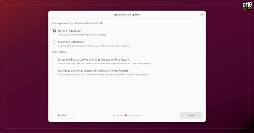 Ubuntu 23.10 installer showing default installation and expanded installation options
