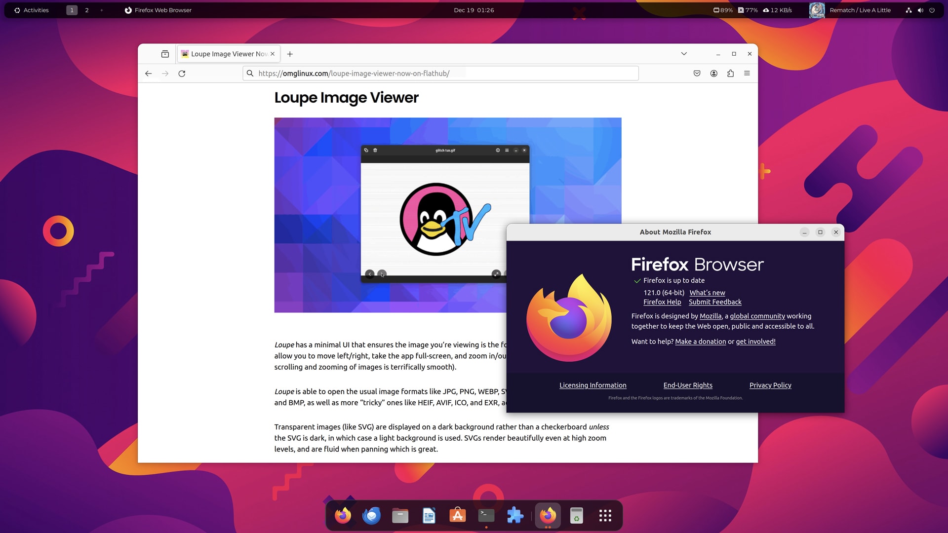 Mozilla Firefox version 121 running in Wayland mode on Ubuntu