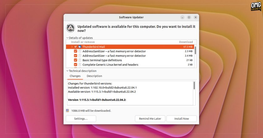 Ubuntu's Software Updater app showing updates