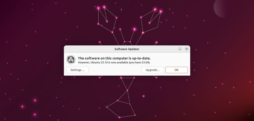 Screenshot of Ubuntu 23.10 upgrade prompt.