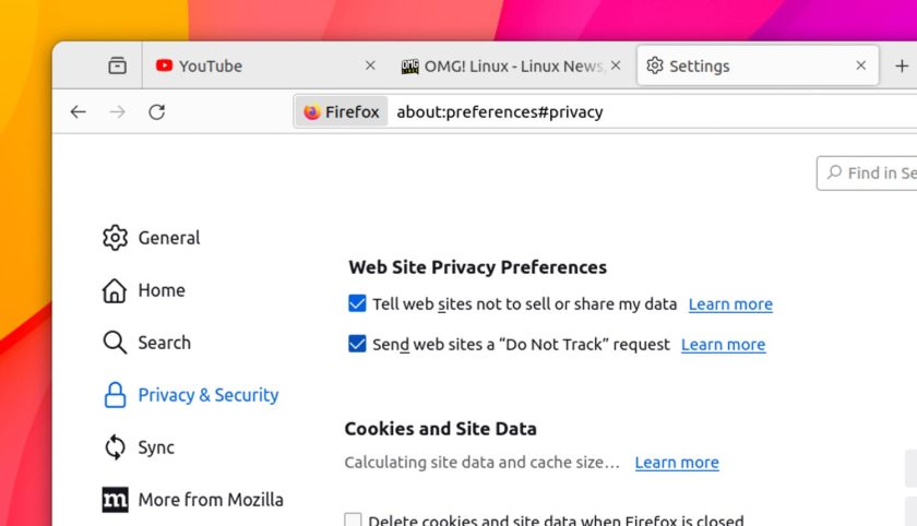 web site privacy preferences settings in Firefox