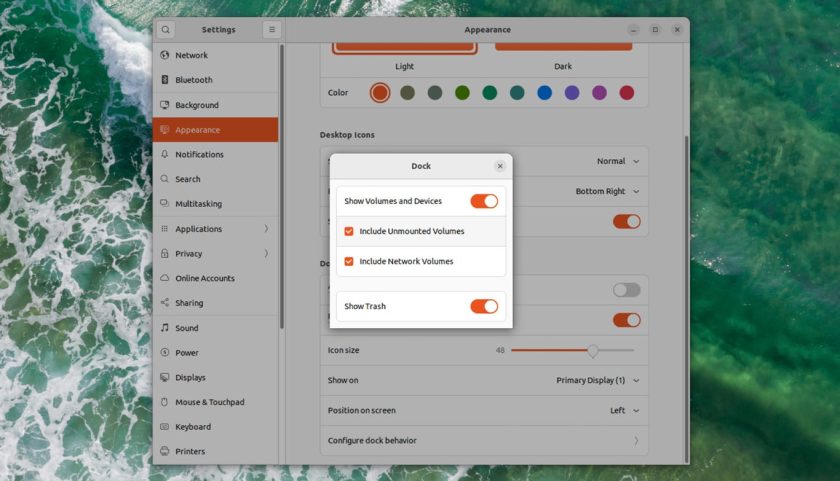 Setting to hide mounted volumes and removable devices from showing in the Ubuntu Dock