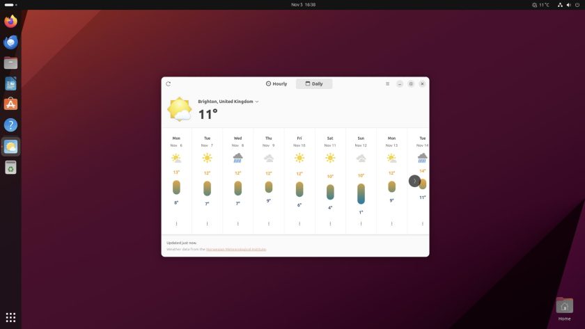 GNOME Weather app on Ubuntu desktop