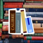 Calibre Ebook Manager logo on a cutout against a pile of books (image from Unsplash)