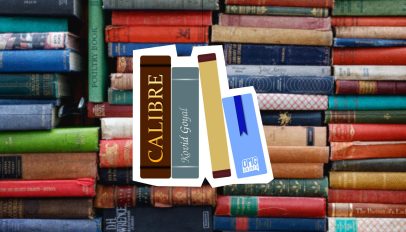 Calibre Ebook Manager logo on a cutout against a pile of books (image from Unsplash)