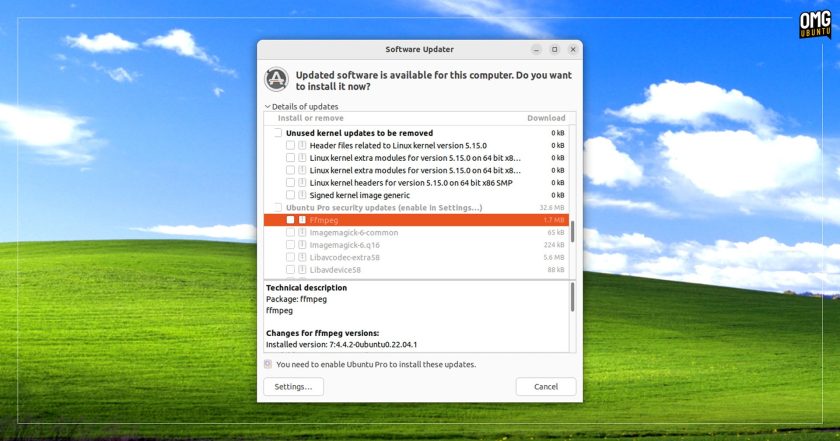 Ubuntu Pro updates in the Software Updater tool in Ubuntu 22.04 LTS