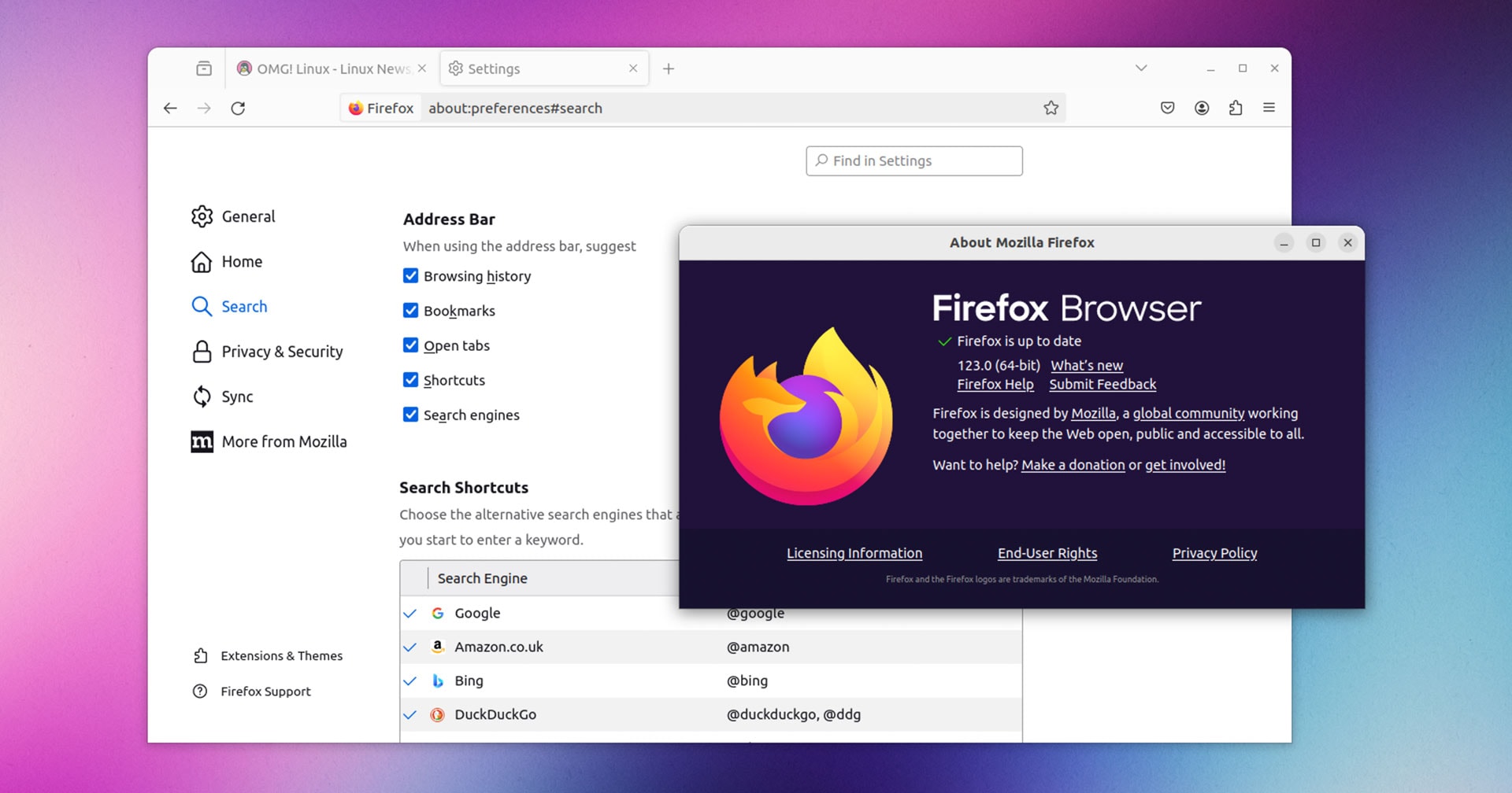 Firefox 123 screenshot showing the 'address bar' settings