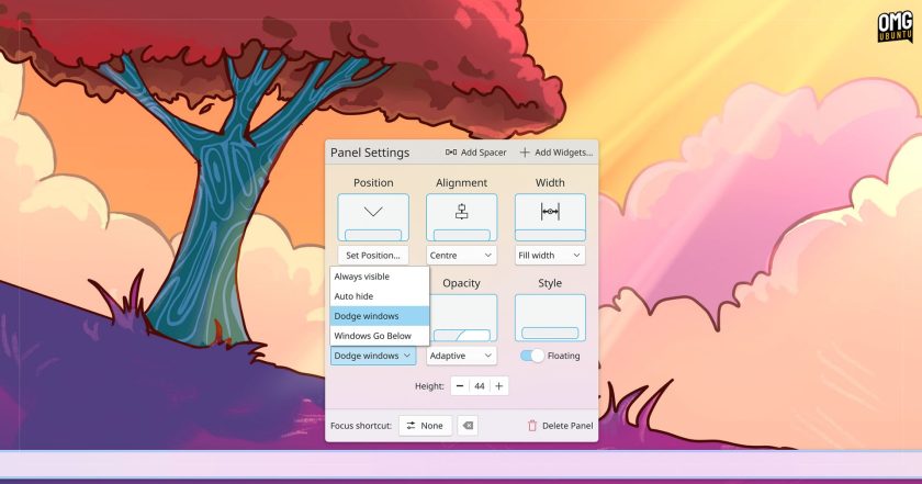 Panel settings in KDE Plasma 6.0 includes new Dodge Windows options