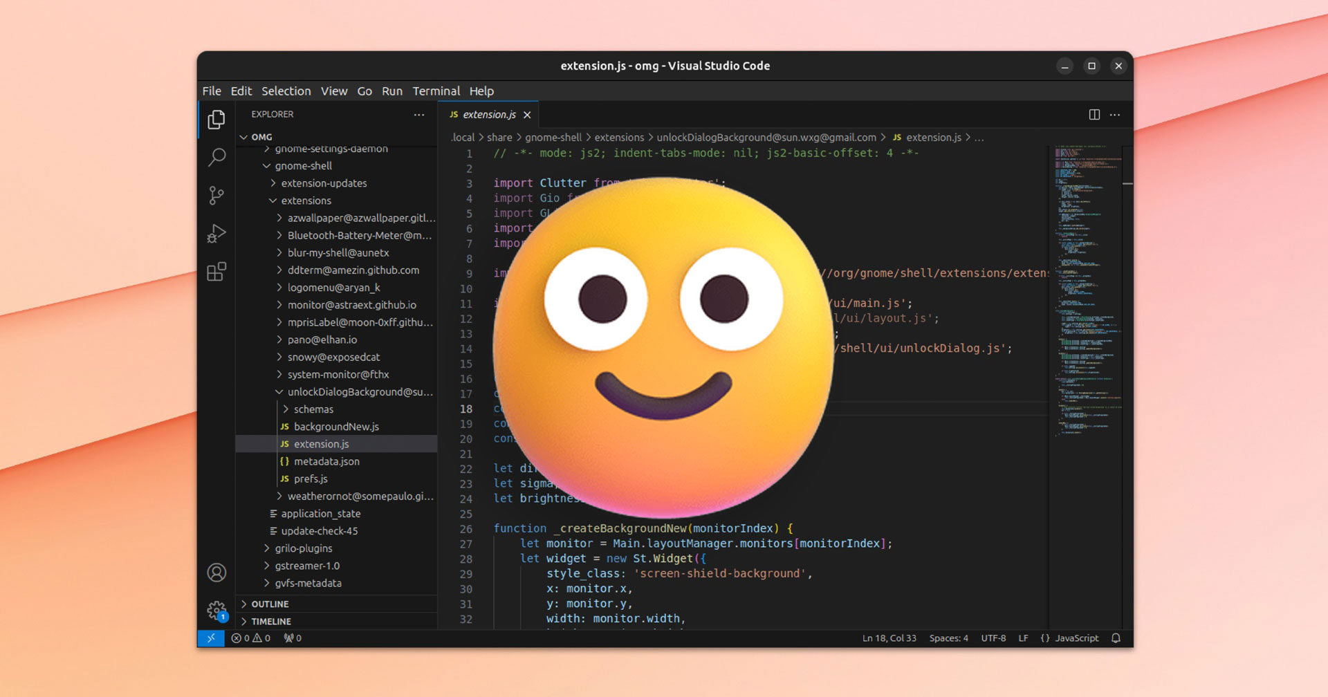 VScode in Ubuntu with a happy emoji face