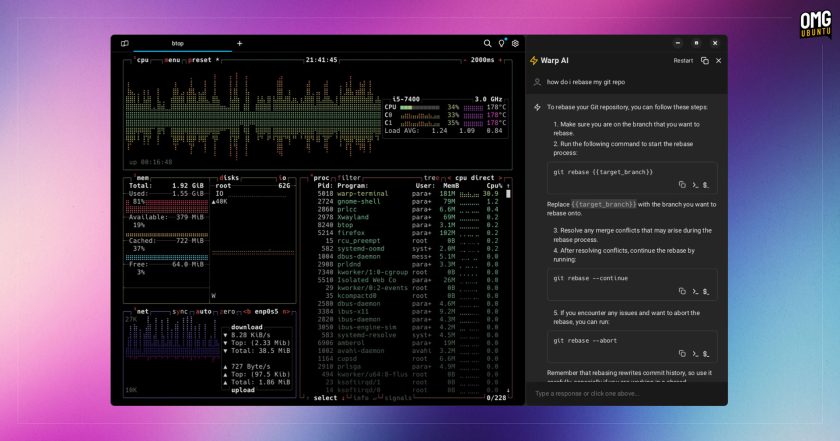 Warp AI in action in the terminal app's Linux build