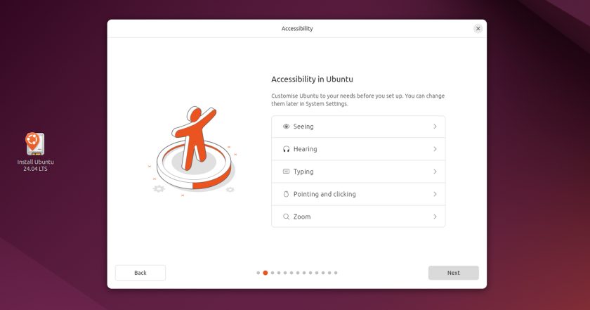 Ubuntu 24.04 installer accessibility options panel