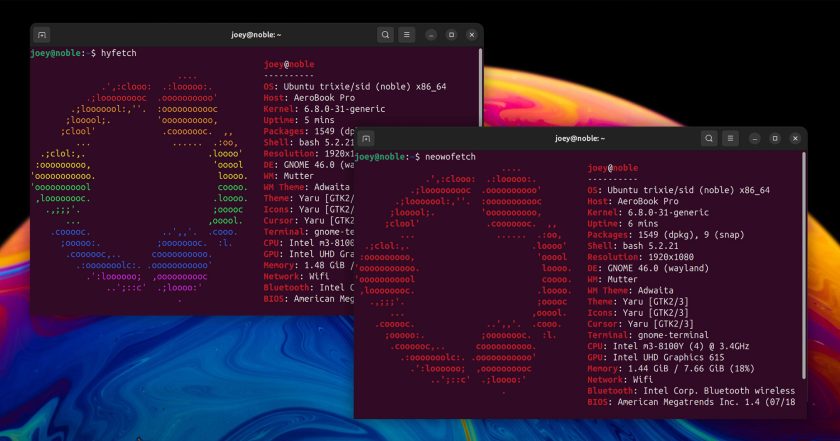 Screenshot of HyFetch showing system information in the terminal on Ubuntu 