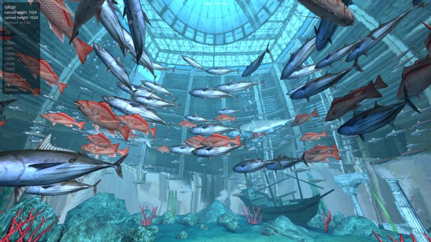 Aquarium WebGL sample demo showing 500 fish and a frame rate of 50