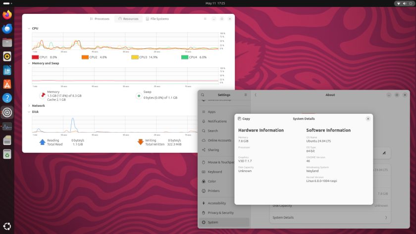 Screenshot showing Ubuntu 24.04 LTS on the Raspberry Pi 5