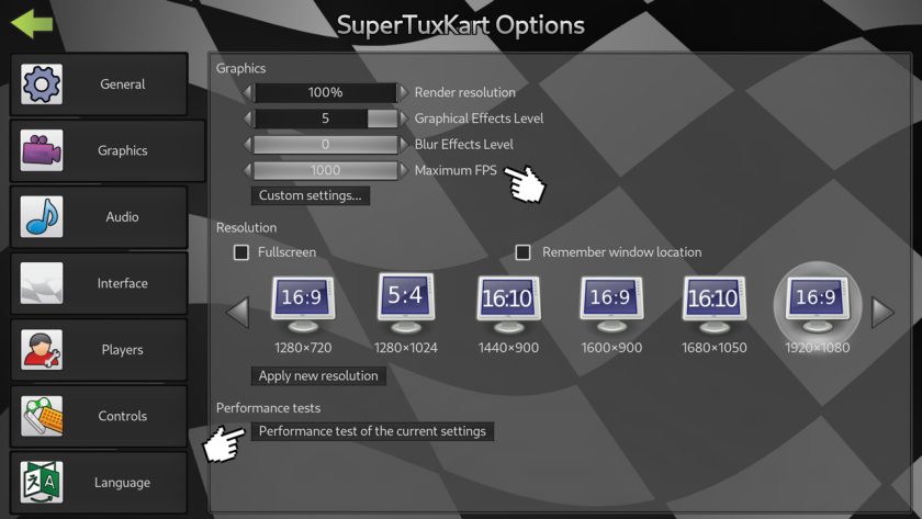 SuperTuxKart 1.5 options screen showing new maximum FPS and benchmark options