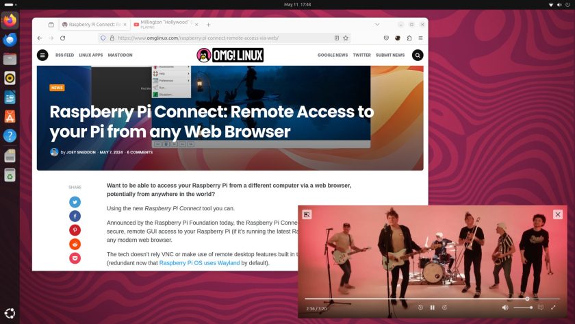 Firefox and a YouTube video running on the Raspberry Pi 5 