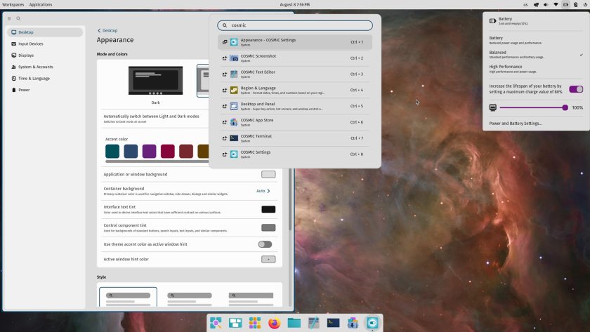 COSMIC desktop environment with active light mode