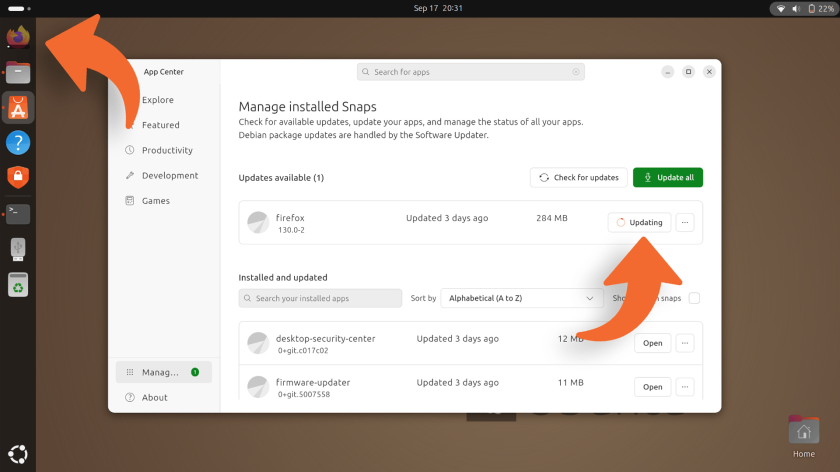 Snap app updates now indicated on Ubuntu Dock